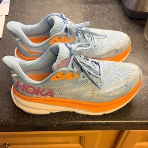 Hoka Clifton 9 Sky Blue and Vibrant Orange Sneakers
